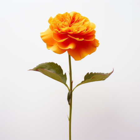 orange rose on stem, showcasing japanese minimalism. the white background enhances the graflex speed graphic's effect. the imitated material used in creating the realistic sculptures adds a unique touch. the vibrant yellow hue complements the barroco style. ai generatedの素材