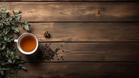 a tea cup sits on a wooden table, surrounded by tea leaves and ginger. the photo is captured in a dark orange and dark bronze style, reminiscent of the works of wlad safronow, dusan djukaric, and kinuko y craft. the sparse background and impressive panorama make this uhd image a visually stunning piece. ai generatedの素材