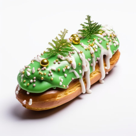 frosted doughnut adorned with pine trees and icing on a white background. the photo showcases an artistic style with light green and light gold tones, creating an elongated and dramatic effect. the image captures the works of alpo jaakola and francois boquet, featuring elements like the death burger and traditional craftsmanship. the matte finish adds a unique touch to this visually appealing composition. ai generatedの素材