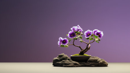 plants potted in a ceramic ring on a vibrant purple background, reminiscent of traditional chinese landscapes. this artwork, created using zbrush, showcases a unique blend of cross processing and minimalist backgrounds. the dynamic color schemes and traditional techniques employed result in a captivating composition, with dark purple and light gray hues adding depth and contrast. ai generatedの素材