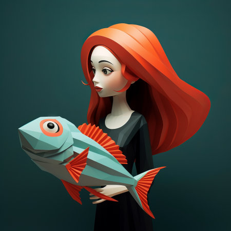 a girl in a black dress holds a fish in this quirky and cartoonish zbrush-style artwork. the dark teal and light red color scheme adds to the eerie yet whimsical atmosphere. the picture tells a story through inventive character designs and whimsical forms, creating an eerily realistic and visually captivating scene. ai generatedの素材