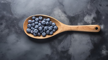 wooden spoon with blueberries, flatlay on grey background. top-down view captures the bold colors and strong lines. this high-resolution image, shot with zeiss batis 18mm f2.8 lens, showcases a multi-layered composition. commissioned for a project featuring navy and gray tones, this uhd-style photo is visually captivating. ai generatedの素材