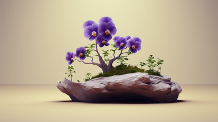two flowers growing in a japanese-style landscape, depicted in a 3d illustration. the flowers are violet and bronze in color, creating a visually striking contrast. this national geographic photo captures the essence of nature's beauty. the stone and wood sculptor adds an artistic touch to the scene, while the composition follows the principles of mori kei, resulting in a harmonious and balanced image. ai generatedの素材