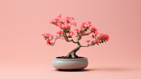 green and pink bonsai tree on a pink background, rendered in 3d. the image showcases a delicate arrangement of flowers in dark orange and light gray hues. created by yanjun cheng, using the topcor 58mm f14 lens. the vibrant colors of light red and light blue add to the overall beauty. this stunning piece is a result of focus stacking techniques. ai generatedの素材