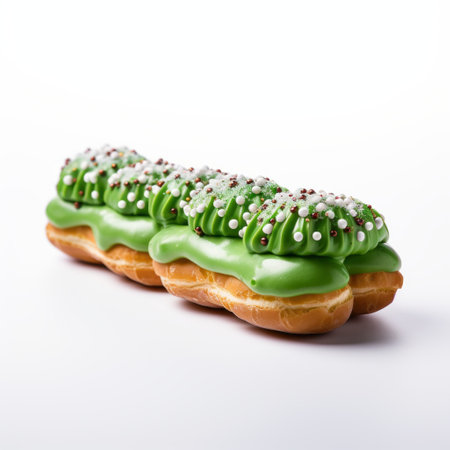 the christmas-themed doughnuts are meticulously decorated with a light green color palette, showcasing a precise hyperrealistic style. the elongated shape and dotted details add to their artistic appeal. inspired by the shin hanga movement, these doughnuts exude a unique blend of traditional and contemporary aesthetics. captured with an iso 200 setting, they are a delightful treat for both the eyes and taste buds. ai generatedの素材
