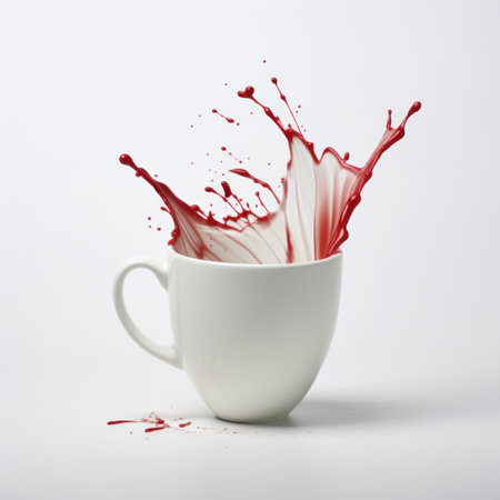 white cup filled with red liquid, creating a vibrant splash against a gray background. this uncanny juxtaposition, captured in the style of quirky visual storytelling on flickr, showcases a dark magenta hue and an element of organic chaos. this associated press photo embodies irony and invites viewers to ponder its intriguing composition. ai generatedの素材