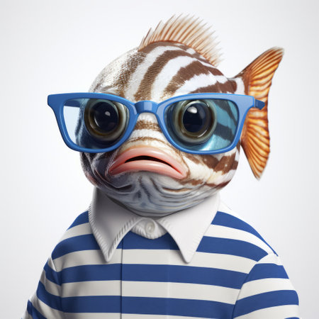 a fish with white and blue stripes and glasses is captured in this conceptual portraiture photo. the image showcases the unique combination of zbrush, konica big mini, and reefwave techniques, resulting in a visually striking composition. the fish's shiny eyes add a captivating element to this commercial imagery, while the overall aesthetic carries a touch of bronzepunk inspiration. ai generatedの素材