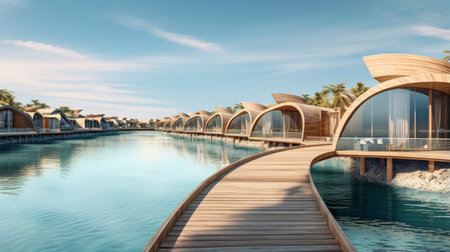 curved row of wooden water houses in uae, connected by bridges, creating a beautiful landscape with the sky and ocean. this super realistic, professional photo showcases the light blue water and the blue and beige color palette. the gentle morning sunlight adds to the idyllic atmosphere, while the hot and humid weather creates a misty reflection in the water. a truly iconic view of theの素材