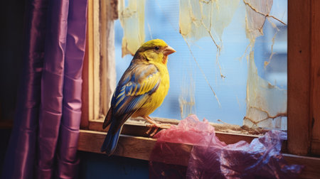 a blue and yellow owl perches on a curtain by an open window, showcasing a unique blend of trash art and photorealism. this captivating photography installation captures the raw vulnerability of exotic birds, with its vibrant colors of light yellow and light magenta. ai generatedの素材