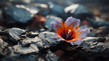 a stunning close-up photo of a flower with godly realism, showcasing its vibrant colors and delicate beauty. the image captures the intricate details of the petals and the contrasting vividness of the surrounding rocks. shot with a 100mm lens at f/2.0, the depth of field is impressive, highlighting the flower's elegance against a backdrop of rich black tones. the natural lighting adds a crisp andの素材