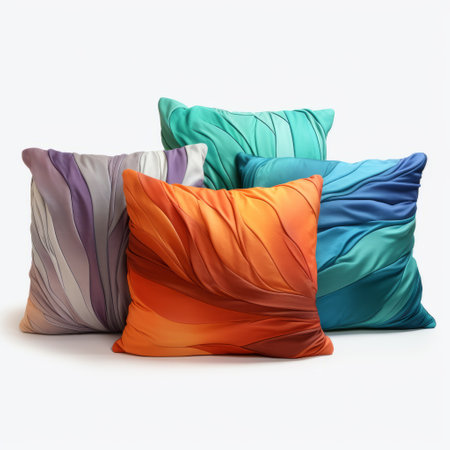 colorful cushions with wavy patterns, resembling hyper-realistic sculptures and flowing draperies. these unique cushions feature trompe-l'oeil folds and digital illustrations, creating a dreamlike atmosphere. the vibrant hues of dark orange and light azure are enhanced by dramatic shading. ai generatedの素材