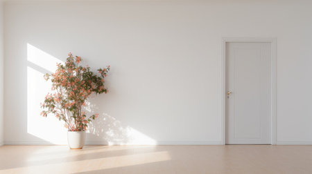a blank white room with a white floor and doors, featuring highly detailed foliage in a warm color palette. sunrays shine upon the room, creating a tranquil gardenscape atmosphere. the minimalist color palette of light red and white adds to the serene ambiance. this 32k uhd photo captures the beauty of nature within a minimalist interior setting. ai generatedの素材