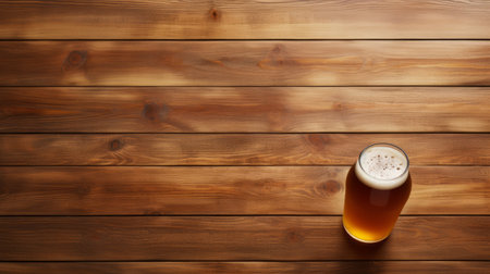 a glass of liquid beer sits on a wooden surface, showcasing an innovative page design with horizontal stripes. the photo captures the essence of algeapunk, featuring flat backgrounds and a combination of natural and man-made elements. the aerial view adds a unique perspective to this visually appealing composition. ai generatedの素材