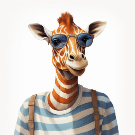 a quirky giraffe wearing sunglasses is captured at a circus on the island of java. this hyperrealistic illustration showcases the giraffe's unique character design, with striped patterns and emotive surreal elements. created using zbrush, the giraffe stands out with its light blue and brown color palette, resembling a fashionable illustration. ai generatedの素材