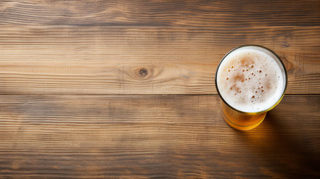 a glass of beer is placed on a wooden table, creating a visually appealing flat background. this uhd image showcases an innovative page design with a focus on wood and manapunk elements. the high resolution captures the details of the light orange and gray tones, making it a captivating visual. ai generatedの素材