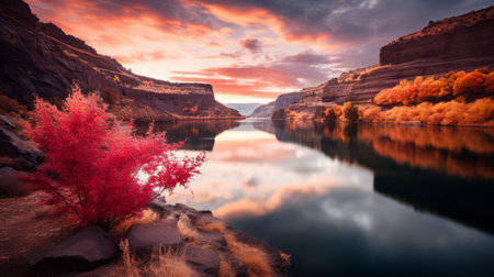 a serene lake in a canyon, surrounded by vibrant cherry trees in full autumn splendor, reflects their colors on the calm water's surface. this tranquil scene captures the beauty of nature during the fall season, with soft, warm light illuminating the canyon during golden hour. ai generatedの素材