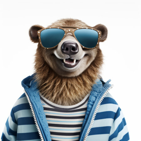 a bear, styled in the fashion of john wilhelm, is captured in this commercial imagery. the bear is seen wearing a blue and white shirt, along with blue sunglasses, exuding a bronzepunk aesthetic. the image showcases a leatherhide texture, while also presenting a groovy and richly layered composition. overall, the photo emanates a joyful and optimistic vibe. ai generatedの素材