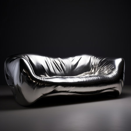 a modern sofa with a silver metal design, inspired by surrealistic distortion. this uhd image showcases the artistic brilliance of the designers. the sofa features a bulbous shape and a dazzling chiaroscuro effect. its slumped and draped appearance adds an inventive touch to its overall aesthetic. ai generatedの素材