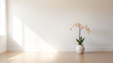 white wall with light white plants in white pots on a blue floor. this backlit photography style image showcases elegant simplicity with a touch of australian tonalism. the 8k 3d quality enhances the light beige and orange tones, while sunrays add a beautiful touch of light beige and violet. ai generatedの素材