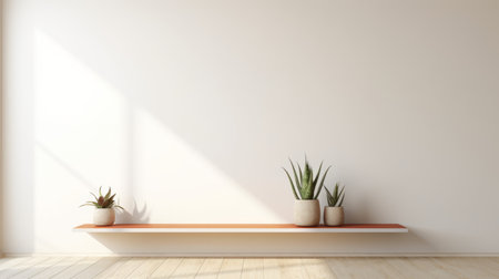 the interior of the room features a minimalist zen design with a touch of traditional mexican style. the 3d rendering showcases a light beige and orange color scheme, creating a warm and inviting atmosphere. the room is adorned with plants, adding a natural element to the space. a large window and wall provide ample natural light, while the matte photo enhances the minimalist spare simplicity.の素材