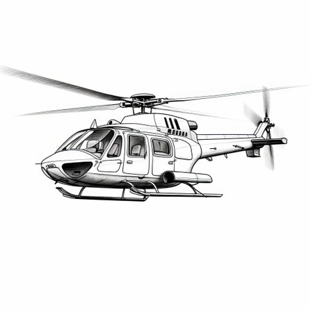 a helicopter with outward blades is depicted in this image, set against a clean white background. the artwork showcases an elegant inking technique, reminiscent of the styles used by konica auto s3 cameras. this commissioned piece combines elements of security camera art, duckcore, and the artistic movement known as les nabis. the high-angle perspective adds depth and visual interest to the composition. ai generatedの素材