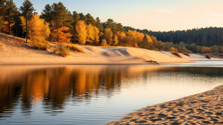 a serene lake surrounded by vibrant autumn-colored pine trees reflects their beauty on the calm water's surface. this tranquil scene captures the serenity and appreciation for nature during the fall season. shot during golden hour, the image showcases the soft, warm light illuminating the dune, creating a captivating and peaceful atmosphere. ai generatedの素材