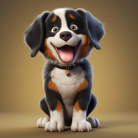 a cartoon scene featuring a dog sitting on a brown background, animated in the style of bill gekas. the detailed character expressions and strong facial expression bring the dog to life. the use of vray adds depth and realism to the image. the overall look is cute and colorful, with a mix of dark white and orange tones. created by ivanovich pimenov. ai generatedの素材