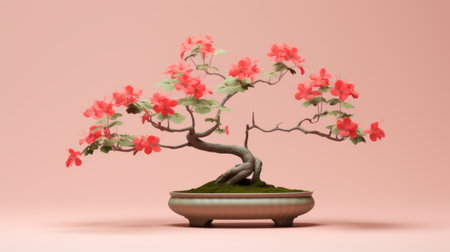 a buddha bonsai tree is showcased in this 3d interior render stock photo. the image features a light red and pink color scheme, creating a serene atmosphere. the uhd image captures the delicate flowers in high quality. inspired by the edo period, the photo exhibits graceful curves and a classic still-life composition. ai generatedの素材