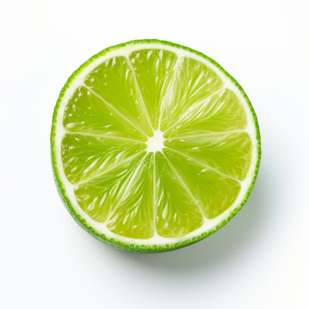 a vibrant lime, creatively captured in a monochromatic symmetrical style, stands out against a clean white background. the bold and vibrant color usage adds a striking visual appeal to this attractive piece. the sunrays shining upon it enhance its beauty, creating a captivating image. this photo is available under the creative commons attribution license and is inspired by the larme kei fashion style. ai generatedの素材