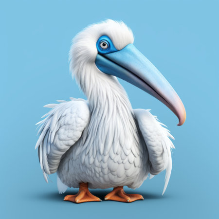 3d pelican bird with a beak and long wings, showcased in a vibrant blue background. this 3d render captures the essence of the bold character designs seen in the works of bill gekas and carl barks. the white pelican stands out against the varied texture, creating a hyper-realistic animal illustration reminiscent of disney animation. ai generatedの素材