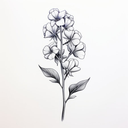 a black and white drawing of yellow flowers, showcasing minimalistic elements and a highly realistic style. the light violet hues add a touch of elegance to the classic tattoo motifs depicted. created with pencil sketching techniques, this artwork captures the essence of minimalistic simplicity while portraying a realistic scenery. ai generatedの素材