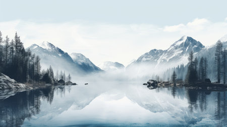 a stunning 8k resolution photo capturing the serene beauty of a lake with mountains reflected in it. the image showcases a misty atmosphere, with nature-inspired installations and a swiss style. the color palette features light white and dark aquamarine tones, creating a tranquil and captivating scene. ai generatedの素材