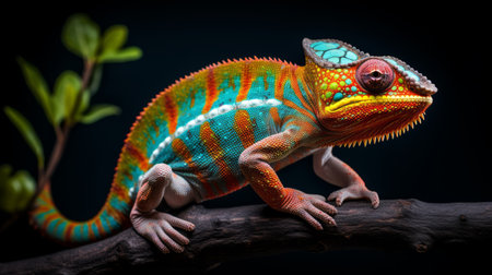 a chameleon perched on a branch, showcasing its dark green skin. this vibrant and bold portrait, created by caras ionut using zbrush, features striking colors such as dark orange and light magenta. the chameleon stands out with its unique features, highlighted by bold lines and bright colors like light azure and amber. this high-resolution image is available in 32k uhd. ai generatedの素材
