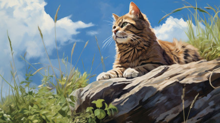 a cat perches on a rock, showcasing jeff danziger's style with realistic blue skies and lively whistlerian illustrations. the high-resolution, painted illustrations by herb trimpe capture the cat's presence in a captivating manner. ai generatedの素材