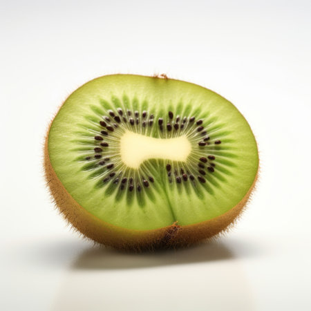 a photo of a kiwifruit, sliced in half, presented in a minimal retouching style. the composition is eye-catching, with vibrant colors reminiscent of the velvia film. the edges of the kiwifruit have a jagged appearance, adding a unique touch. the image showcases the natural beauty of the fruit, with no body extensions or alterations. the overall aesthetic can be described as health goth, with aの素材