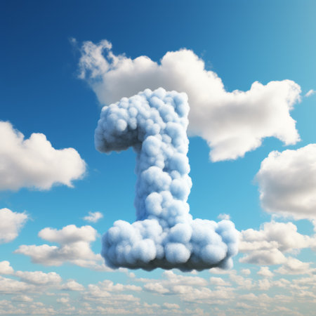 a photo of a number one sculpture surrounded by fluffy clouds, depicting the concept of clouds and the cloud number in a 3d format. the image showcases a creative commons attribution style with a high-resolution, bulbous, dreamlike installation. captured from an aerial view, this is the first version of the sculpture, featuring a tangible texture. ai generatedの素材