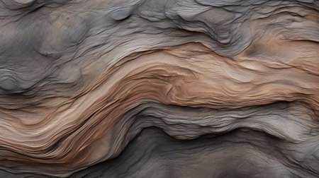 a large grey rock with a wave-like appearance stands out in this aerial abstraction photograph. the rock's colorful layered forms create a mesmerizing pattern, enhanced by the sepia tone. the dark and foreboding colors add to the desertwave atmosphere of this national geographic nature-based image. ai generatedの素材