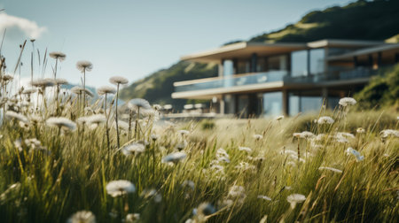 neoclassical architecture photography of sleek hillside house design by olson kundig. close-up shot of a blurred weed in the foreground adds depth to the composition. shot in 8k from a cinematic perspective, with professional color grading and epic volumetric lighting. the image showcases sharp focus, film grain, and a captivating atmosphere. captured using a sony alpha a7 iii camera with a sony fe 24-105mm f/4の素材