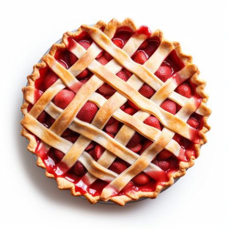 a strawberry pie with lattice dessert is showcased in this photo. captured with a medium format lens, the birds-eye-view perspective highlights the fine details of the pie. the clean-lined presentation against a white background enhances the vibrant colors of the dessert. the bold lines of the lattice add an appealing visual element to this delicious treat. ai generatedの素材