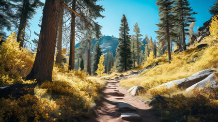 a mesmerizing forest hiking trail captured in an award-winning illustration style, featuring vibrant hues of yellow, blue, pink, and black. the strong shadows and golden light add depth and allure to this pastel-colored scene. with high quality and intricate details reminiscent of ansel adams' work, this photograph showcases the beauty of nature through a zoom lens, reminiscent of andrew tischler's artistry. ai generatedの素材