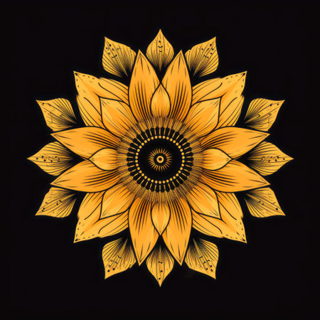 yellow flower on black background, featuring graphic symmetry and detailed ink illustrations. the vibrant light orange and bronze hues create a striking contrast against the monochromatic backdrop. the metallic rotation adds a touch of intrigue to this colorful woodcarving-inspired artwork. ai generatedの素材