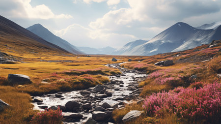 tundra hiking trail: a mesmerizing award-winning illustration capturing the beauty of nature. the vibrant colors of yellow, blue, pink, and black blend harmoniously, while strong shadows and golden light add depth and dimension. this high-quality, high-detail artwork evokes a poetcore aesthetic, reminiscent of ansel adams' photography. created with a zoom lens and inspired by andrew tischler, this stunning piece showcases the enchanting allure of theの素材