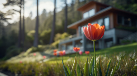 art deco architecture photography of sleek hillside house design by olson kundig. close-up shot of a blurred tulip in the foreground adds depth to the composition. shot in 8k from a cinematic perspective, with professional color grading and epic volumetric lighting. the sharp focus, film grain, and atmospheric ambiance create a captivating atmosphere. captured using a sony alpha a7 iii camera with a sony feの素材