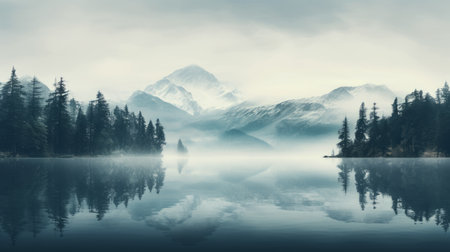 mountains with misty sky reflected in a lake, captured in 8k resolution. the dark teal and light white hues create a delicately rendered landscape. this photo embodies the cabincore aesthetic, with elements of environmental portraiture and a touch of frostpunk inspiration. the serene and peaceful ambiance is truly captivating. ai generatedの素材