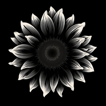 an abstract sunflower is depicted in this vector illustration, set against a black background. the artwork showcases intricate black and white designs, with dark and muted colors. the style is reminiscent of psychological phenomena illustrations and woodcut-inspired graphics, featuring realistic detailing. the use of dark white and light bronze tones creates monochromatic shadows. ai generatedの素材
