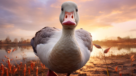 a duck with a beak stands near the water at sunset, captured in a high-quality photo. the image showcases the strong facial expression of the duck, with explosive pigmentation. rendered in the style of cinema4d, it exudes the aesthetics of the farm security administration and national geographic. ai generatedの素材