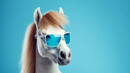 a horse wearing blue sunglasses washes its mane in a futuristic retro style. the image showcases a light cyan and white color scheme, with a lifelike representation in 8k resolution. the humorous tone is enhanced by the clever wit and softbox lighting. ai generatedの素材