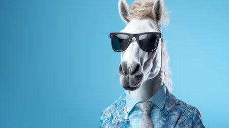 a horse wearing sunglasses and a blue suit stands on a vibrant blue background. this unique photo showcases a mashup of styles, including post-internet aesthetics, ultra hd, black-and-white graphics, kimoicore, and the influence of jeffrey smart. the innovative composition captures the horse's stylish and enigmatic presence. ai generatedの素材