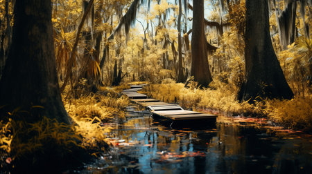 a captivating swamp hiking trail photo featuring vibrant colors of yellow, blue, pink, and black. the strong shadows and golden light create a mesmerizing atmosphere. this pastel-inspired, award-winning illustration showcases high quality and intricate details. shot with a zoom lens and inspired by the works of ansel adams and andrew tischler, this photo captures the essence of the poetcore aesthetic. ai generatedの素材