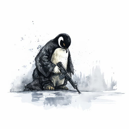 a penguin, with a gun strapped to its back, is depicted in this realistic portrait-style painting. the gloomy metropolises and watercolor illustrations create a sense of monochromatic contemplation. the penguin's pensive pose adds to the overall atmosphere, evoking thoughts of post-apocalyptic worlds and soggy surroundings. ai generatedの素材
